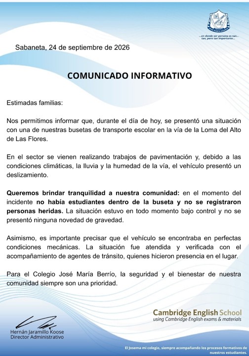 Colegio José María Berrío aclara incidente con ruta escolar en Sabaneta: descarta fallas mecánicas y confirma que el vehículo resbaló por lluvias 2 comunicado josema