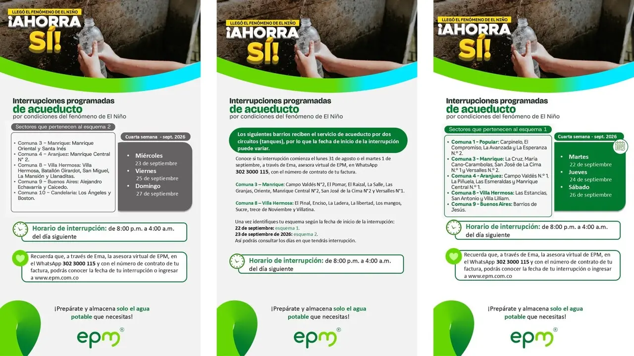 Atención: Conozca los barrios y horarios de los cortes de agua programados por EPM para esta semana 2 cortes de agua programese
