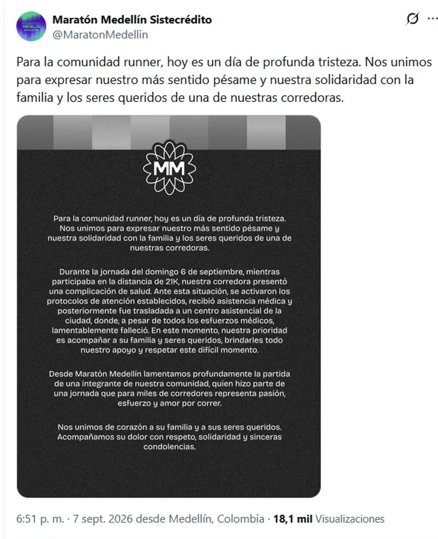Murió Juliana, la participante de la Media Maratón de Medellín quien sufrió un paro cardiaco en la competencia 1 juliana murio en la media maraton