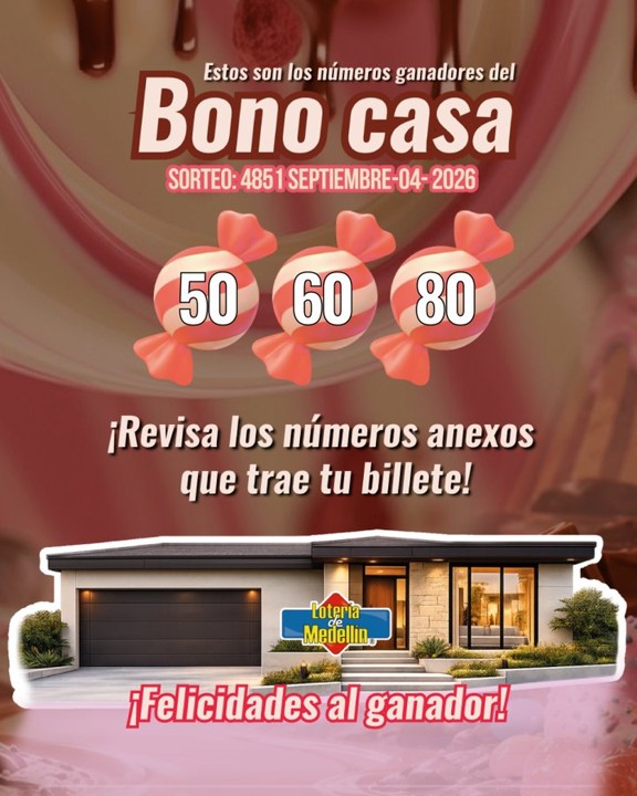 Resultados de la Lotería de Medellín: 4 de septiembre 5 med bono casa