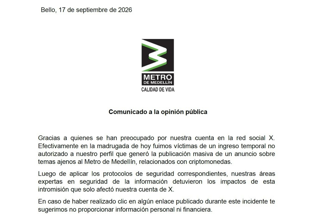 El Metro de Medellín se pronuncia por hackeo de su cuenta en X: comunicado 2 metro hackeo
