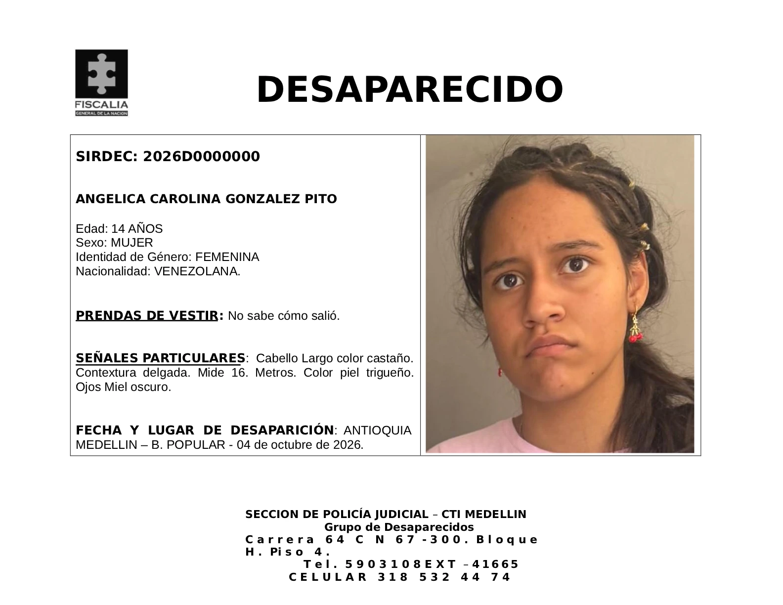 La menor Angélica Carolina González desapareció en Medellín 2 1 BOLETIN ANGELICA CAROLINA GONZALEZ PITA
