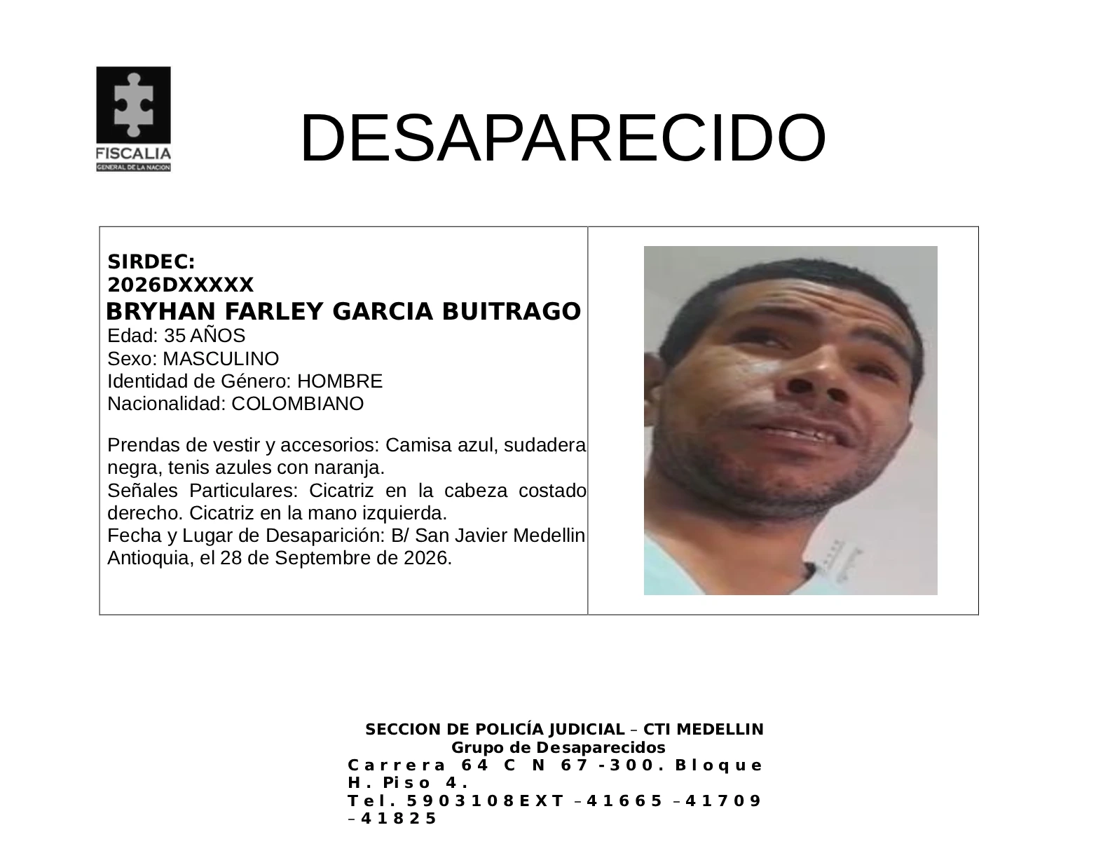 Bryhan Farley desapareció en Medellín 2 1 BOLETIN BRYHAN FARLEY GARCIA BUITRAGO