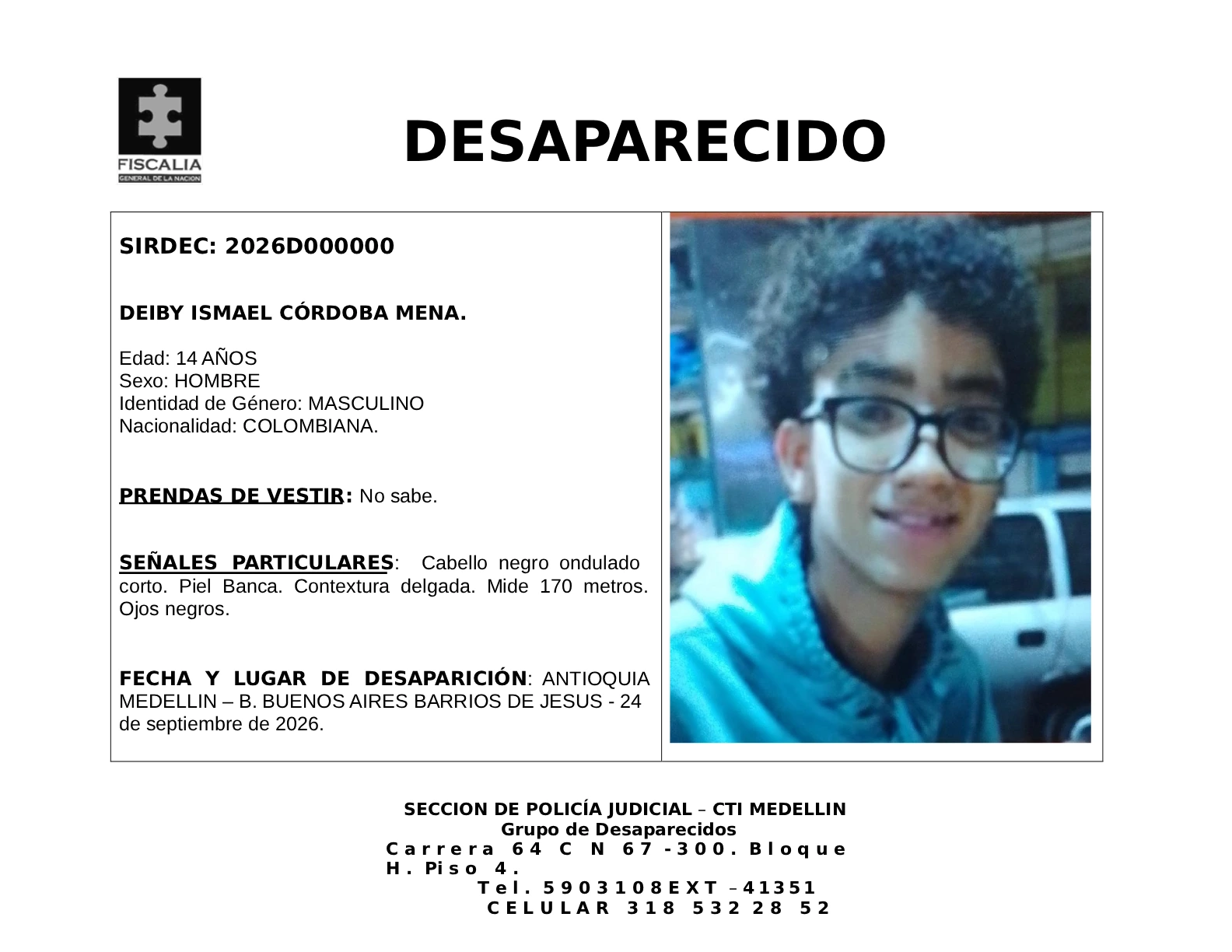 El menor Deiby Ismael Córdoba desapareció en Medellín 2 1 BOLETIN DEIBY ISMAEL CORDOBA MENA