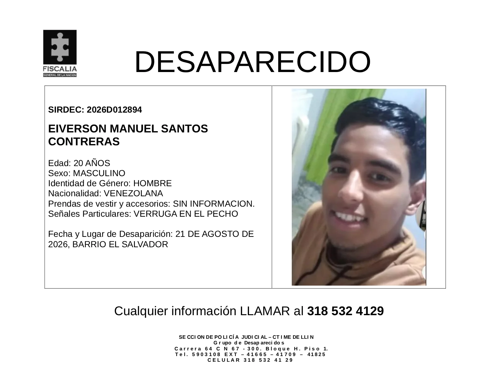 Eiverson Manuel Santos desapareció en Medellín 2 Eiverson Manuel Santos desapareció en Medellín