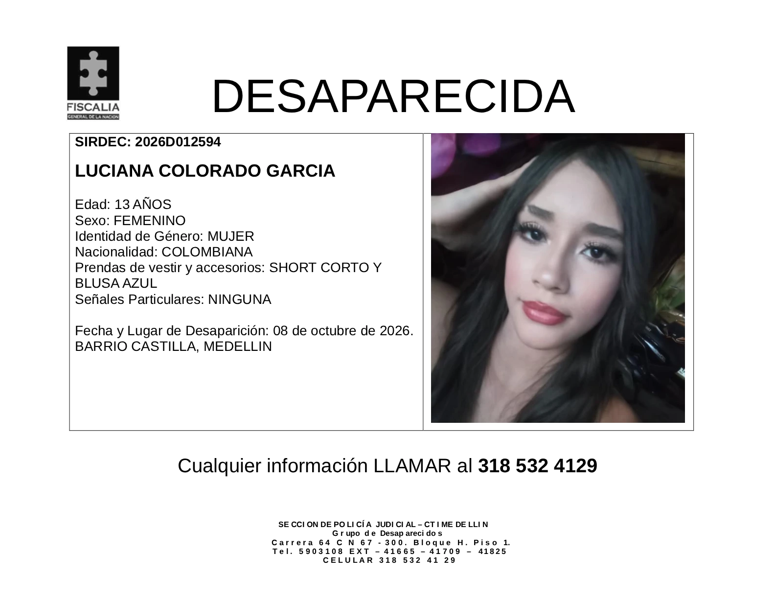 La menor Luciana Colorado desapareció en Medellín 2 1 BOLETIN LUCIANA COLORADO GARCIA