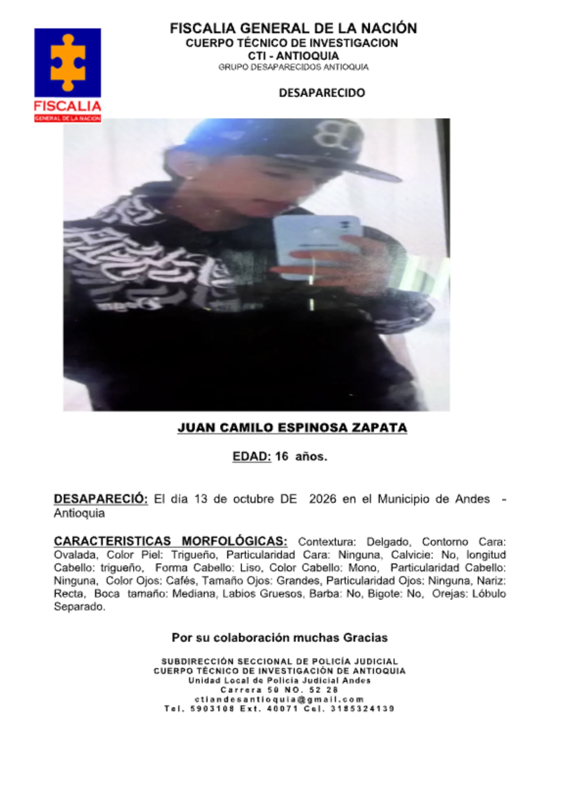 El menor Juan Camilo Espinosa desapareció en el municipio de Andes 2 El menor Juan Camilo Espinosa desapareció en el municipio de Andes