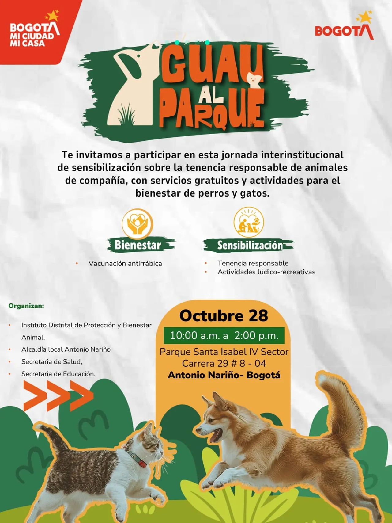 Guau al Parque llega a Santa Isabel, en Bogotá, con vacunación antirrábica gratis y actividades para mascotas 2 Afiche de la jornada Guau al Parque en Santa Isabel, Bogotá