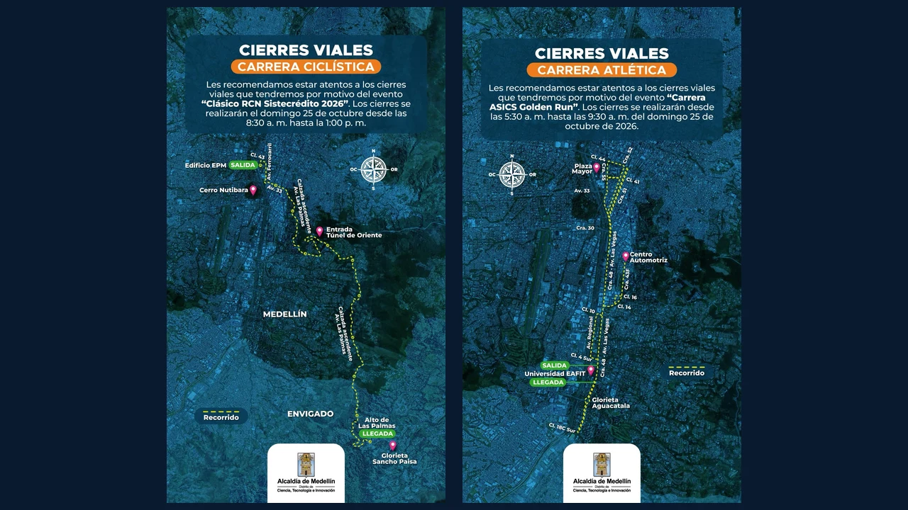 Atención, conductores: cierres viales en Medellín este domingo por dos carreras 2 Cierres viales en Medellín por el Clásico RCN y la carrera ASICS Golden Run. Foto: Alcaldía de Medellín