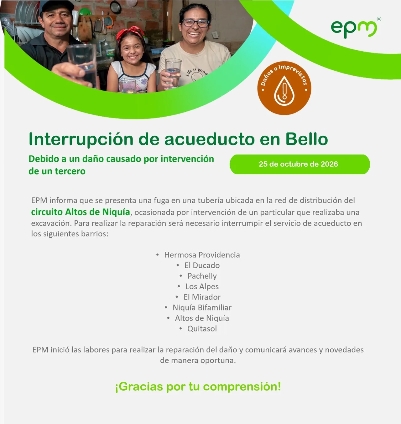 Antes y después: EPM repara una fuga en Altos de Niquía, Bello, y restablece el acueducto 2 Aviso de EPM sobre la interrupción de acueducto en Bello, circuito Altos de Niquía
