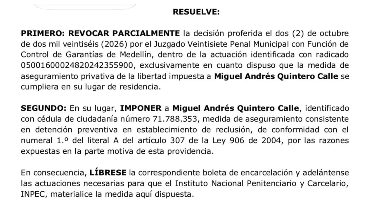 ¡Urgente! Miguel Quintero no estará en casa por cárcel, ordenan llevarlo a prisión 2 Fallo que ordena detención en cárcel de Miguel Quintero