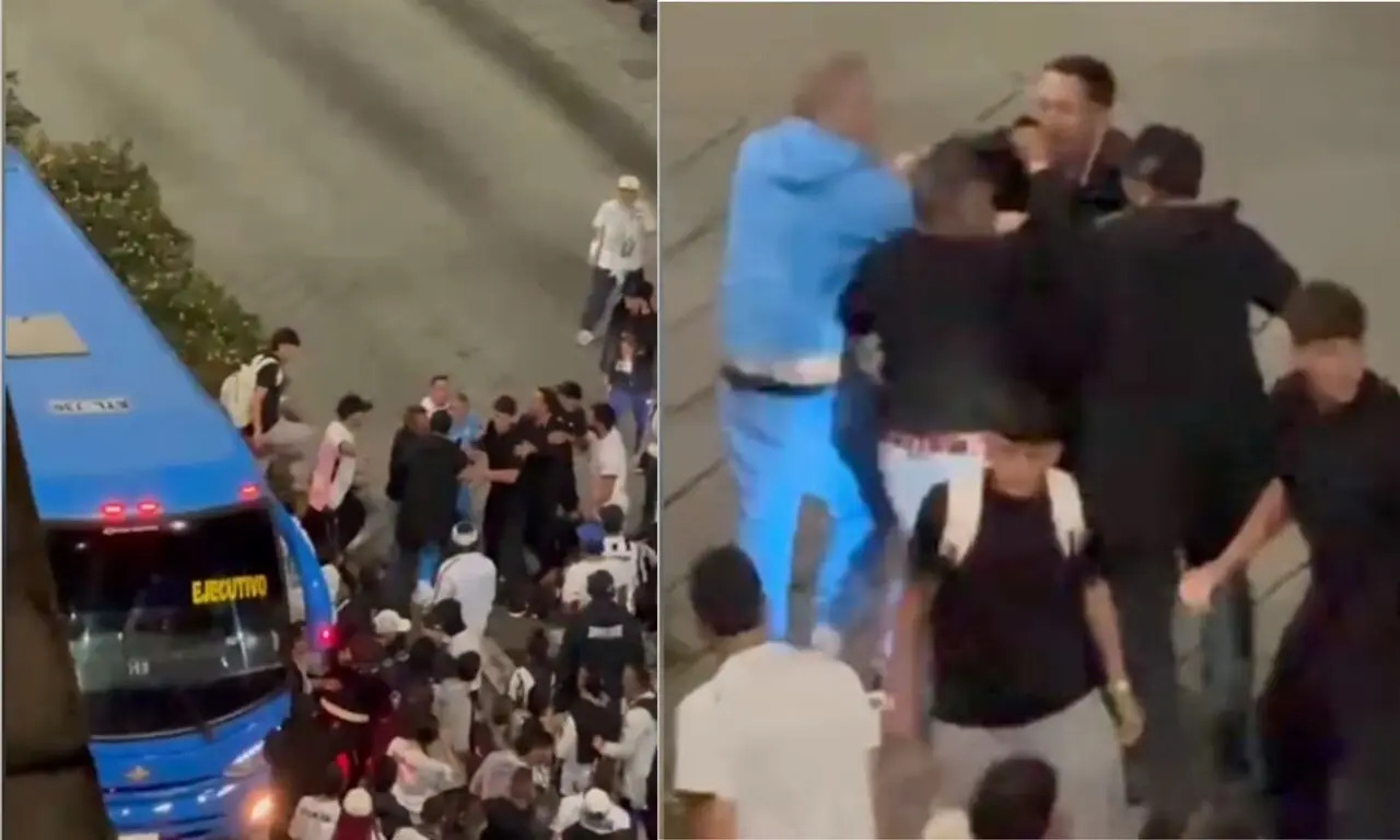 Once Caldas rechaza agresión contra su expresidente Tulio Mario Castrillón Tobón en las afueras de Palogrande 2 Imágenes de redes sociales de un altercado en la vía pública junto a un bus