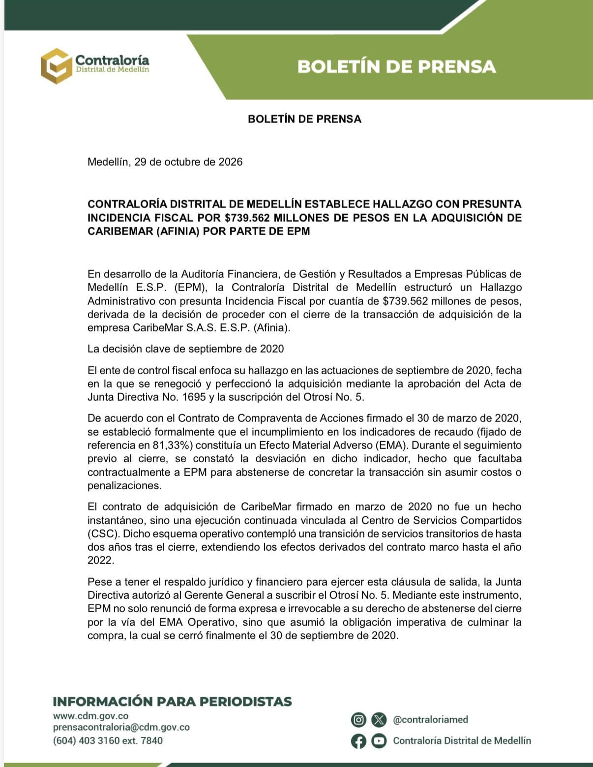 «Otra perlita de los que se robaron a Medellín»: Fico tras hallazgo fiscal por compra de Afinia 2 Boletín de prensa de la Contraloría Distrital de Medellín (página 1)