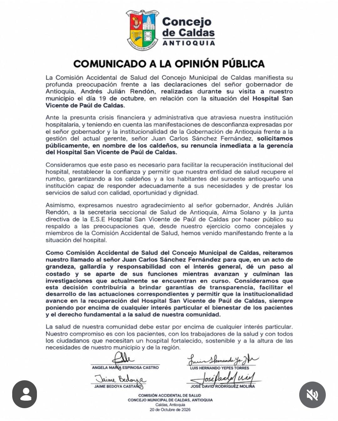 Gobernador de Antioquia y gerente del Hospital de Caldas cruzan señalamientos y este anuncia acciones legales 2 Comunicado del Concejo de Caldas a la opinión pública