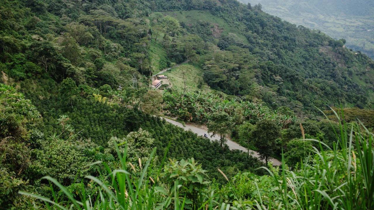 Panorámica de montañas verdes y una finca en Jericó, Suroeste antioqueño