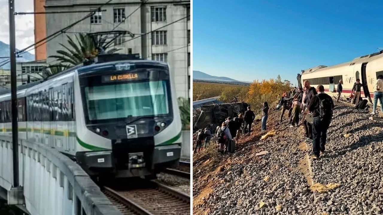 Metro de Medellín y pasajeros junto a los trenes accidentados en Urda, España, en collage