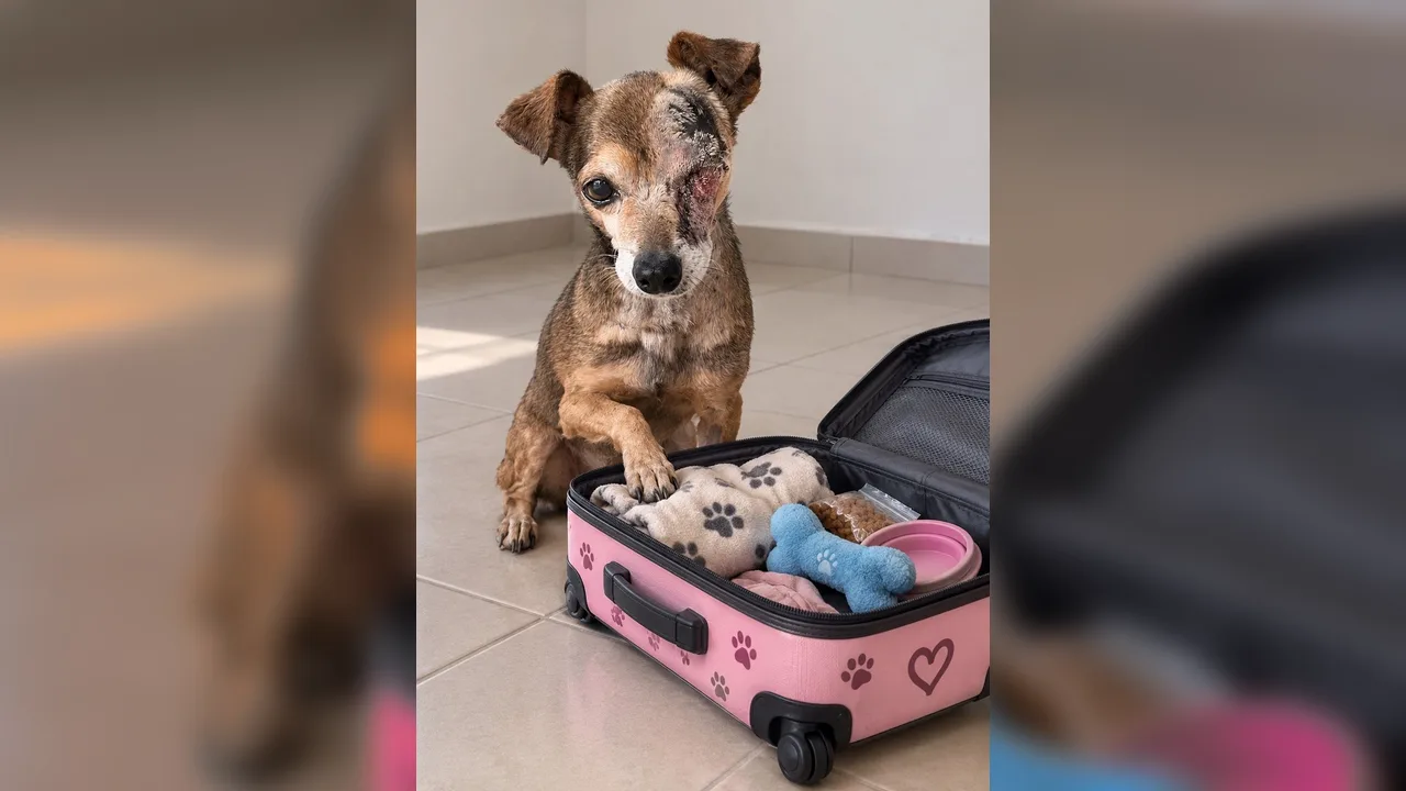 Milton, perrito rescatado que perdió un ojo, con su patita sobre una maleta rosada empacada para su nuevo hogar