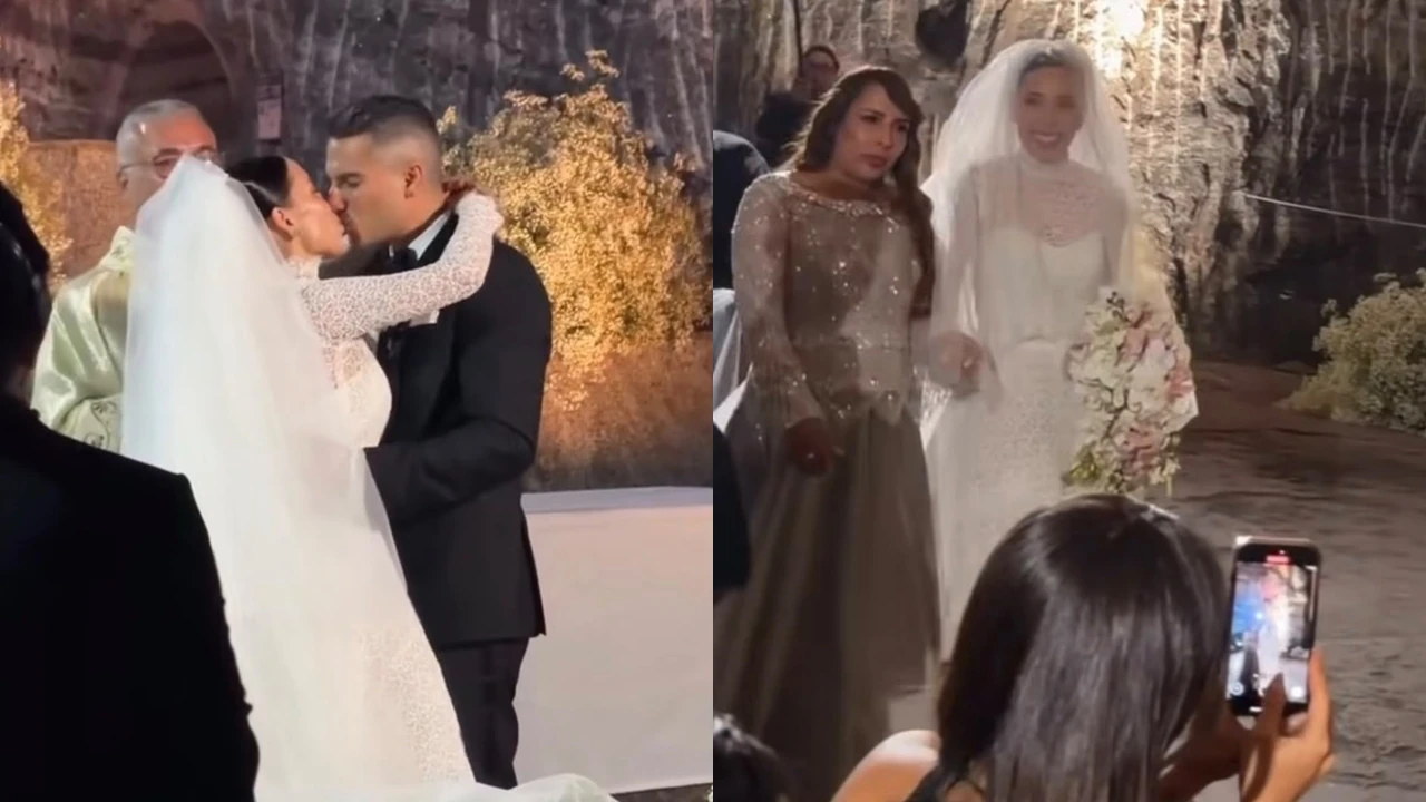 Pipe Bueno y Luisa Fernanda W se besan en su boda; en la otra imagen, Luisa Fernanda W junto a una invitada en la Catedral de Sal de Zipaquirá