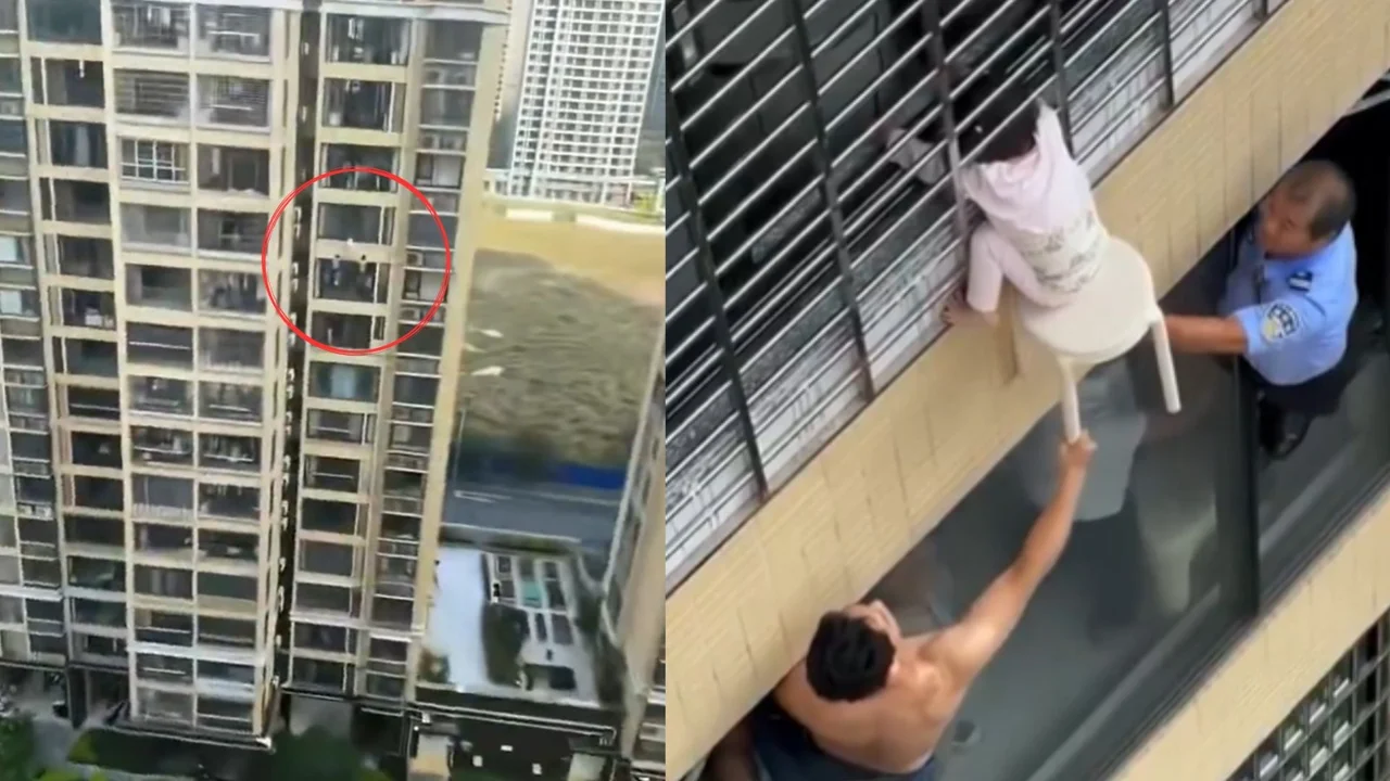 Niña de 3 años colgando de la ventana de un piso 12 de un edificio en China