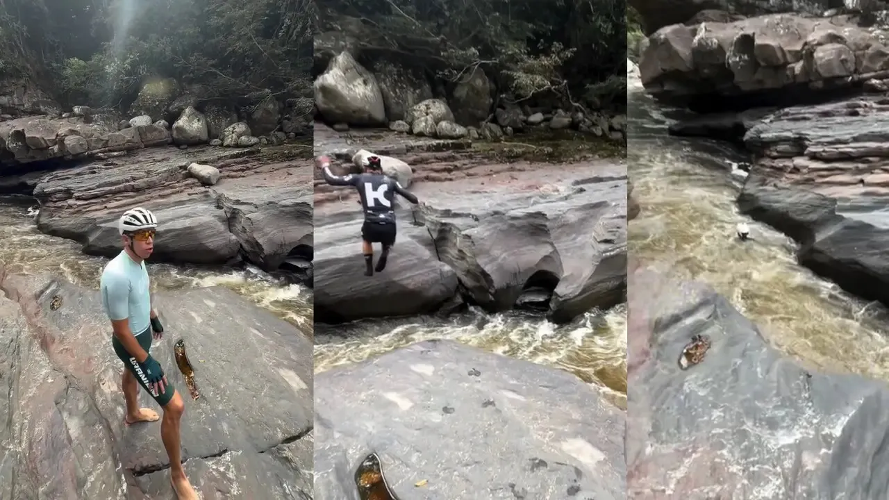 Rigo en la roca y su amigo arrastrado por el agua: ¡Qué maravilla el estrecho del río Magdalena! 1 Rigoberto Urán junto al Estrecho del Magdalena, en San Agustín, Huila