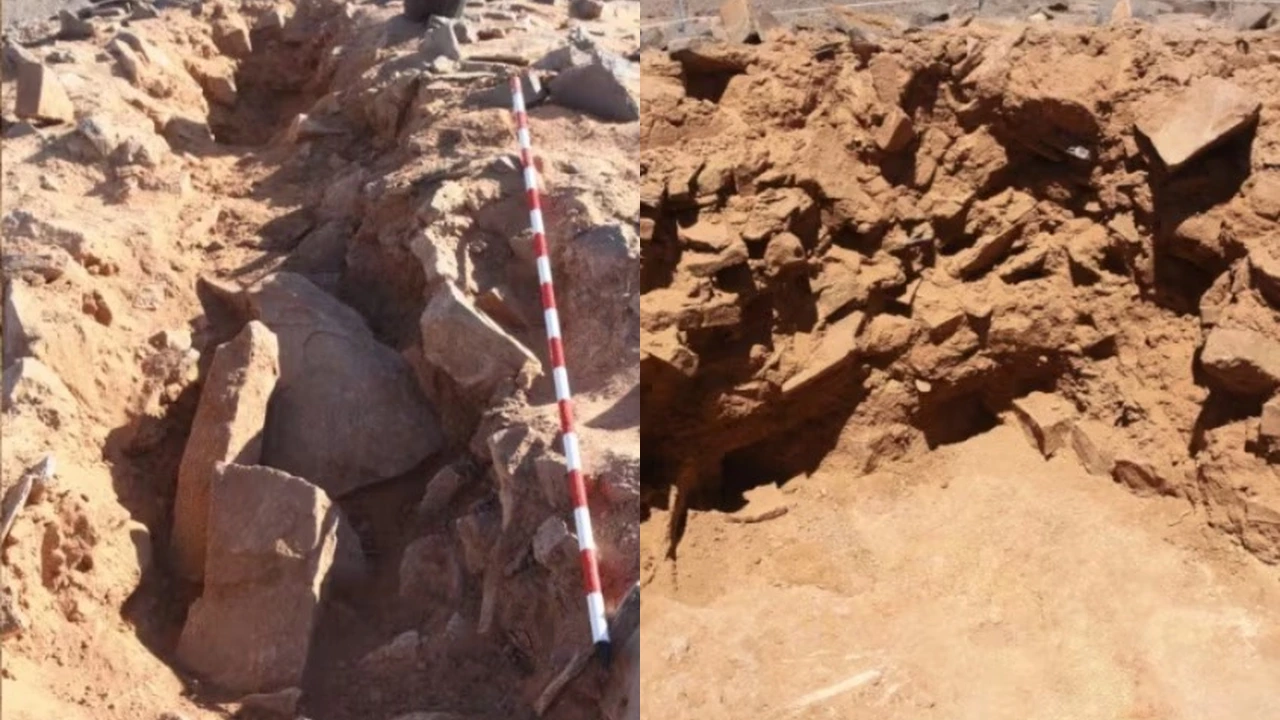Dos vistas de la excavación de la tumba con antenas en el Sahara Occidental