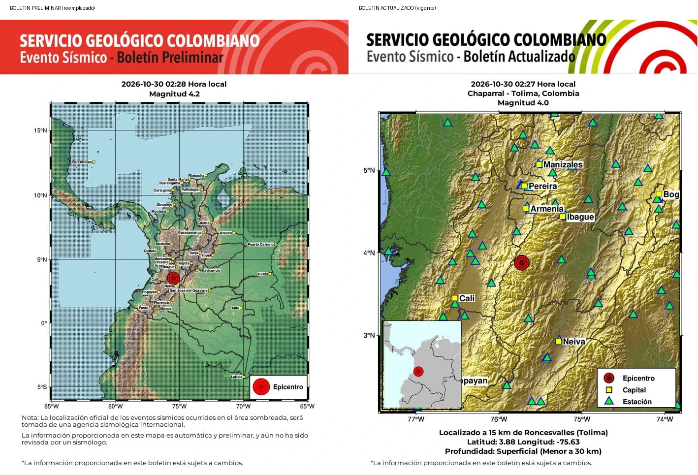 ¡Ni la madrugada se quedó quieta! Temblor de 4,0 en Chaparral despertó a más de uno 2 Boletines preliminar y actualizado del mismo sismo en Chaparral del 30 de octubre de 2026