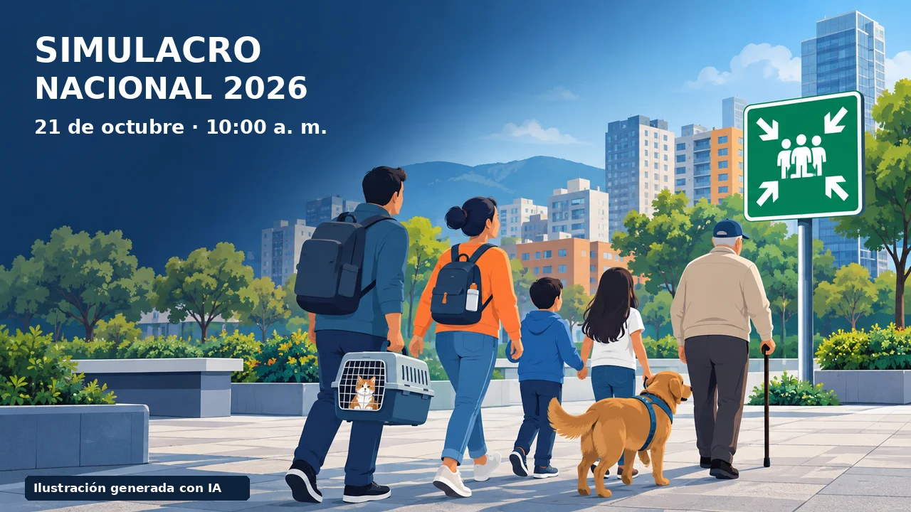 Simulacro Nacional 2026: ilustración de una familia con perro y gato hacia un punto de encuentro.