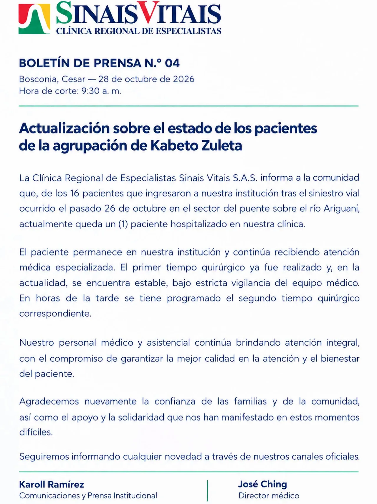 Solo un integrante de la agrupación de Kbeto Zuleta sigue hospitalizado: nuevo parte 2 Boletín N.° 04 de la Clínica Sinais Vitais sobre los pacientes de la agrupación de Kbeto Zuleta