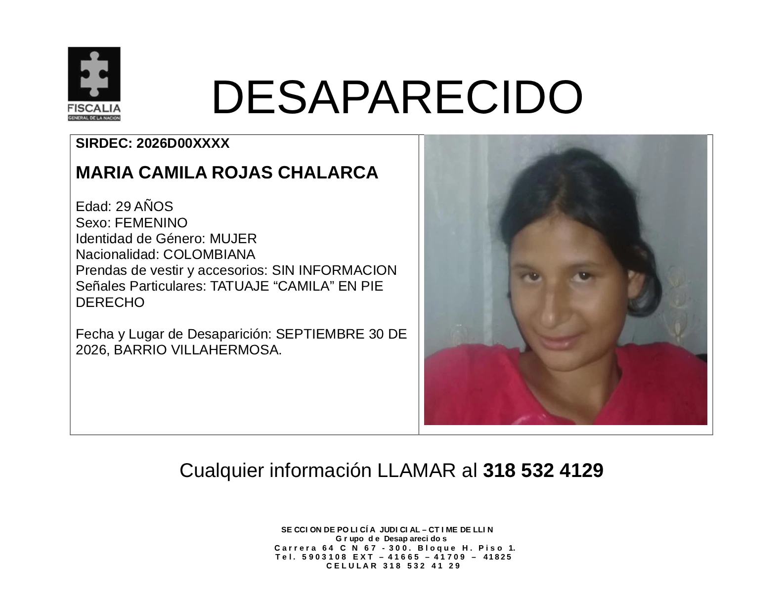 María Camila Rojas desapareció en Medellín 2 2 BOLETIN MARIA CAMILA ROJAS CHALARCA