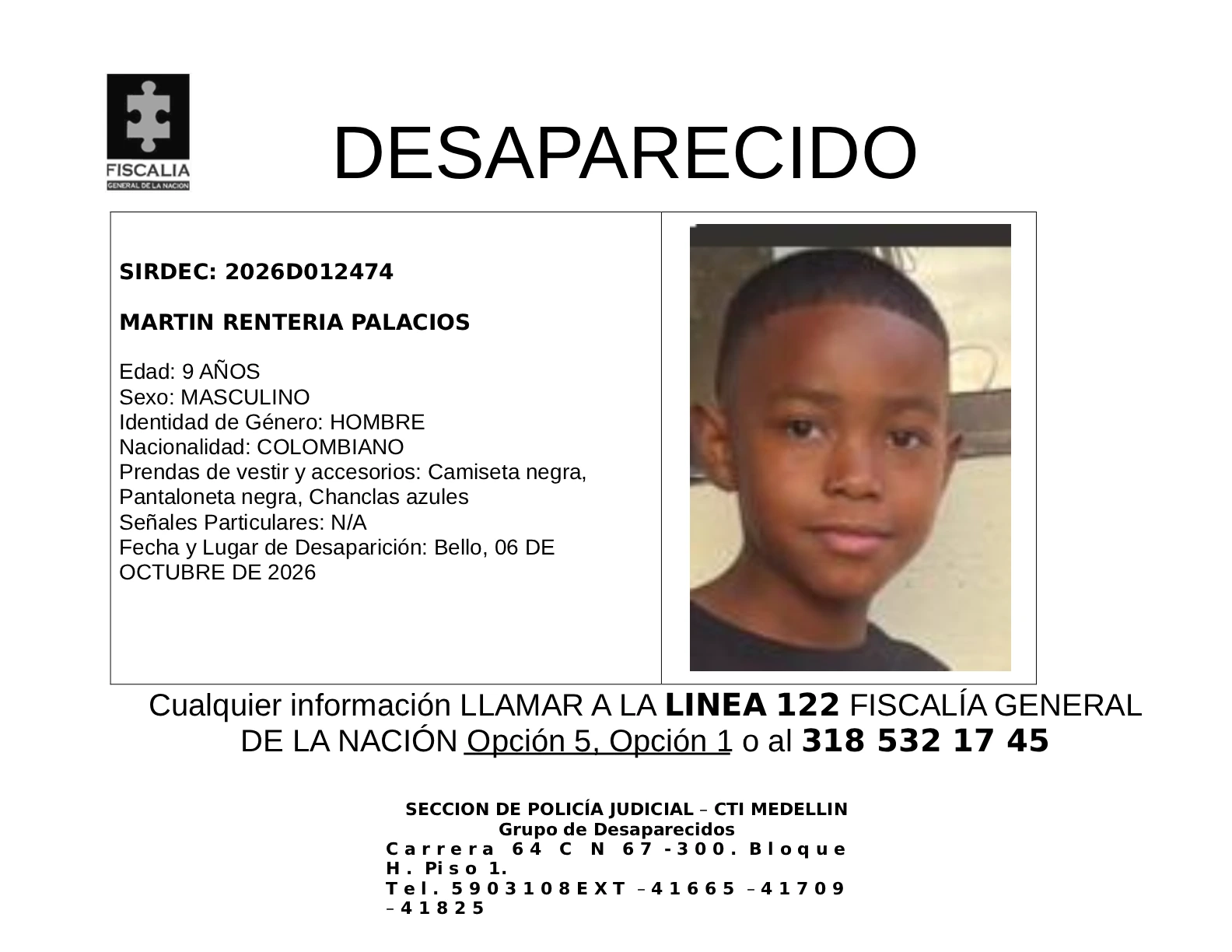 El menor Martín Rentería desapareció el municipio de Bello 2 2 BOLETIN MARTIN RENTERIA PALACIOS OCTUBRE 2026