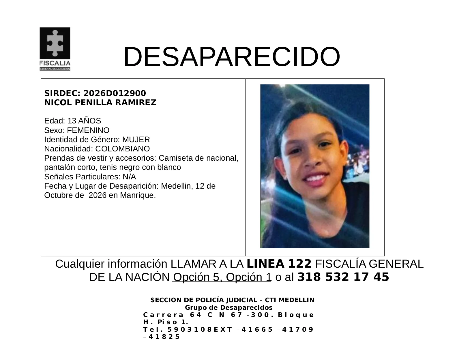 La menor Nicol Penilla desapareció en Medellín 2 La menor Nicol Penilla desapareció en Medellín