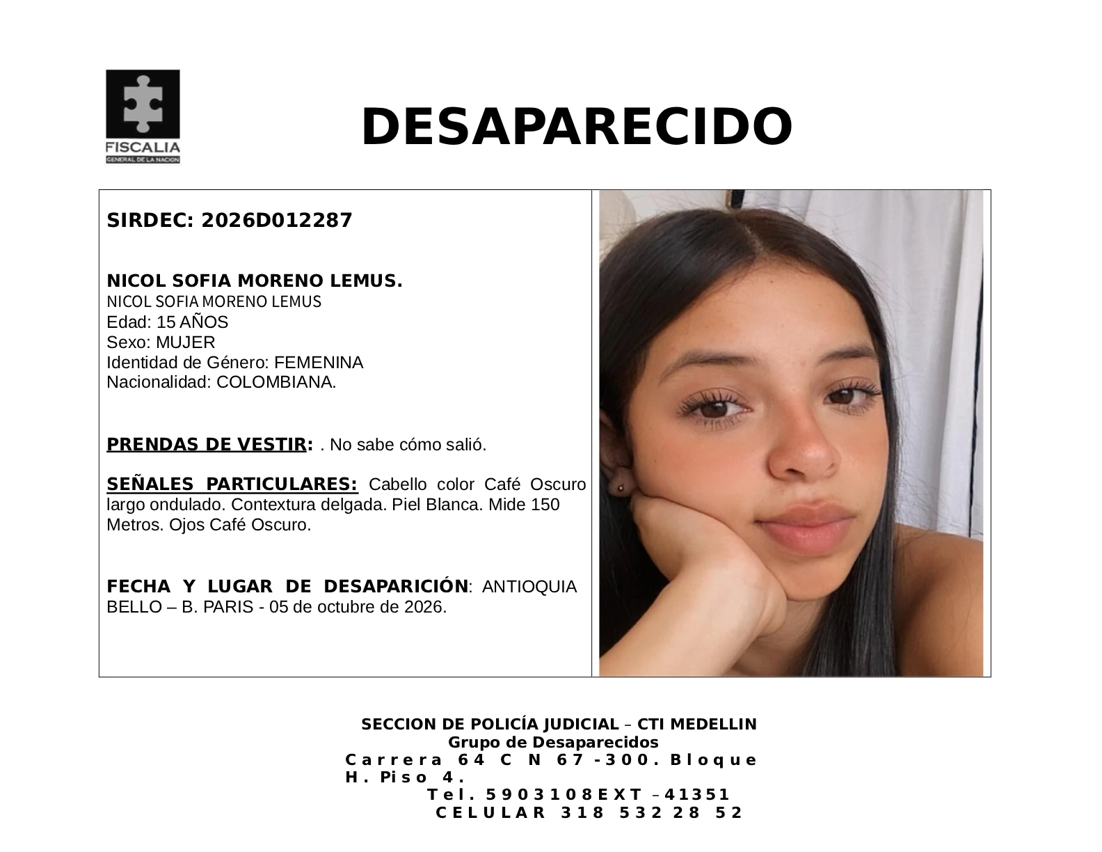 La menor Nicol Sofía Moreno desapareció en Bello 2 2 BOLETIN NICOL SOFIA MORENO LEMUS