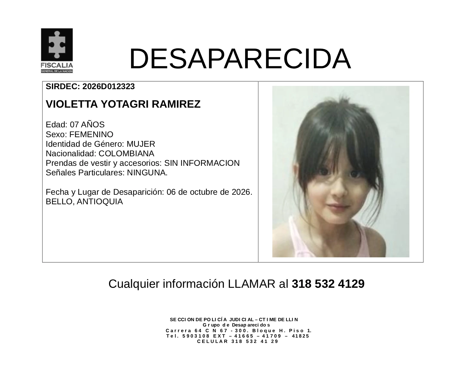 La menor Violetta Yotagri desapareció en Bello 2 2 BOLETIN VIOLETTA YOTAGRI RAMIREZ