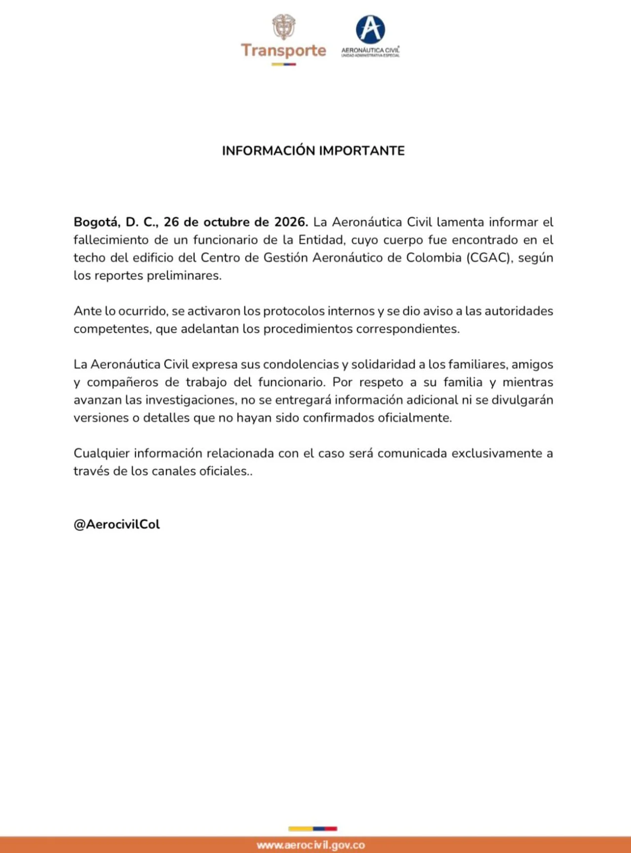 Aerocivil confirma la muerte de uno de sus funcionarios: su cuerpo fue hallado en el techo del CGAC 3 Comunicado Aerocivil del 26 de octubre de 2026