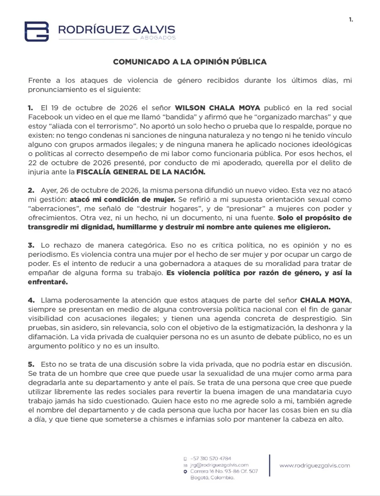 Gobernadora del Chocó denuncia a Wilson Chalá Moya por injuria, calumnia y hostigamiento 2 Comunicado de la gobernadora del Chocó, Nubia Carolina Córdoba (parte 1)