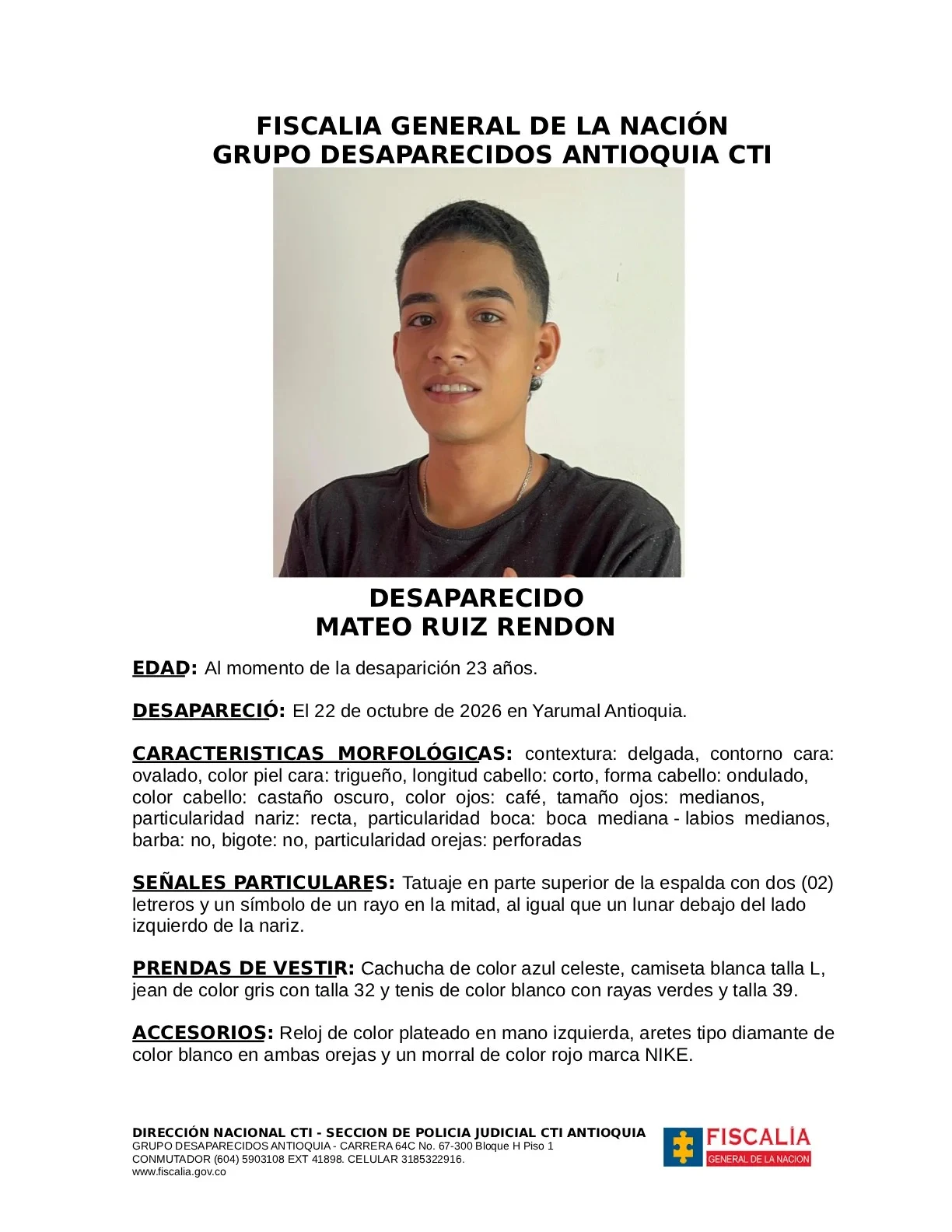 Mateo Ruiz Rendón desapareció en Yarumal, Antioquia 2 Ficha de la Fiscalía sobre la desaparición de Mateo Ruiz Rendón