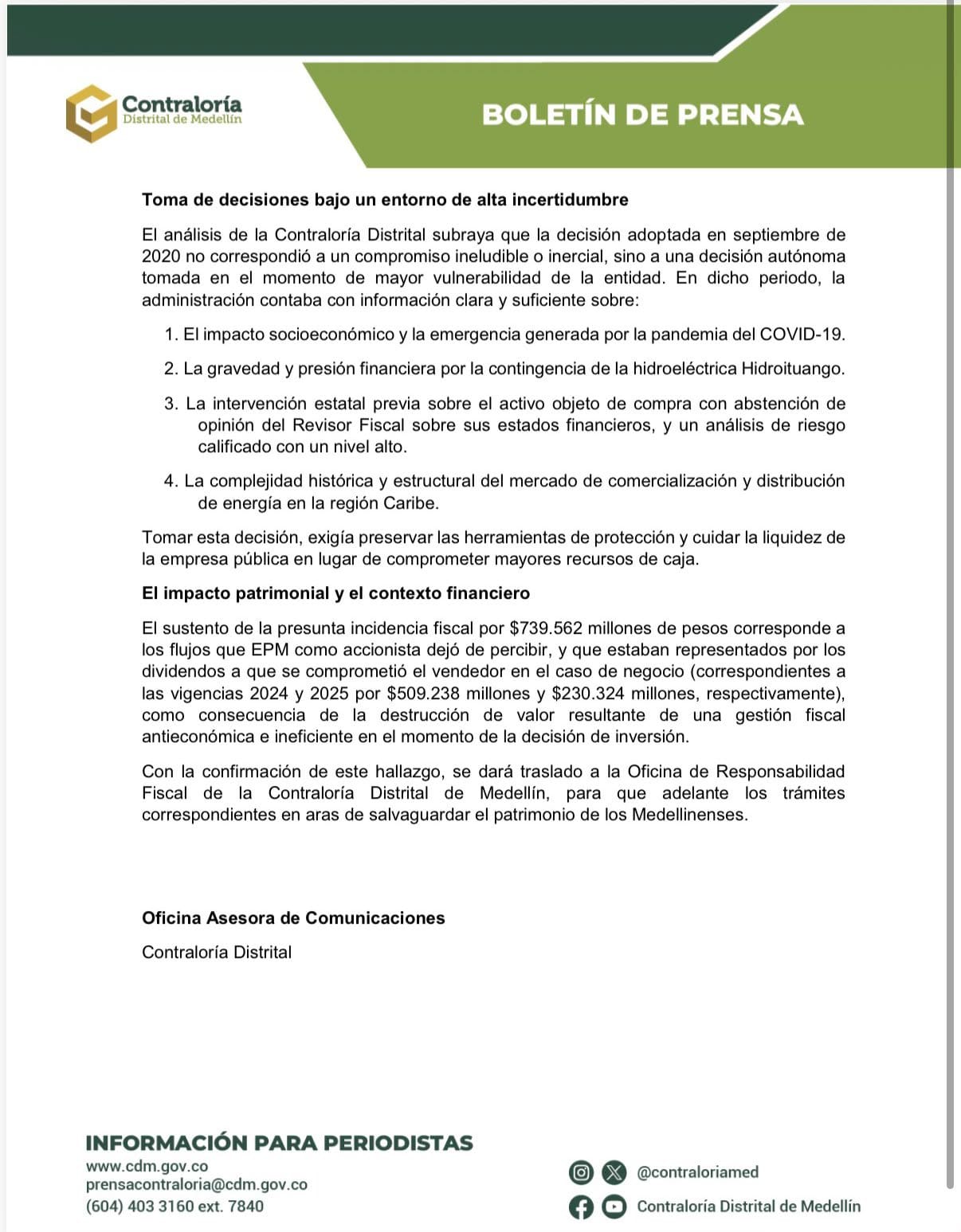«Otra perlita de los que se robaron a Medellín»: Fico tras hallazgo fiscal por compra de Afinia 3 Boletín de prensa de la Contraloría Distrital de Medellín (página 2)