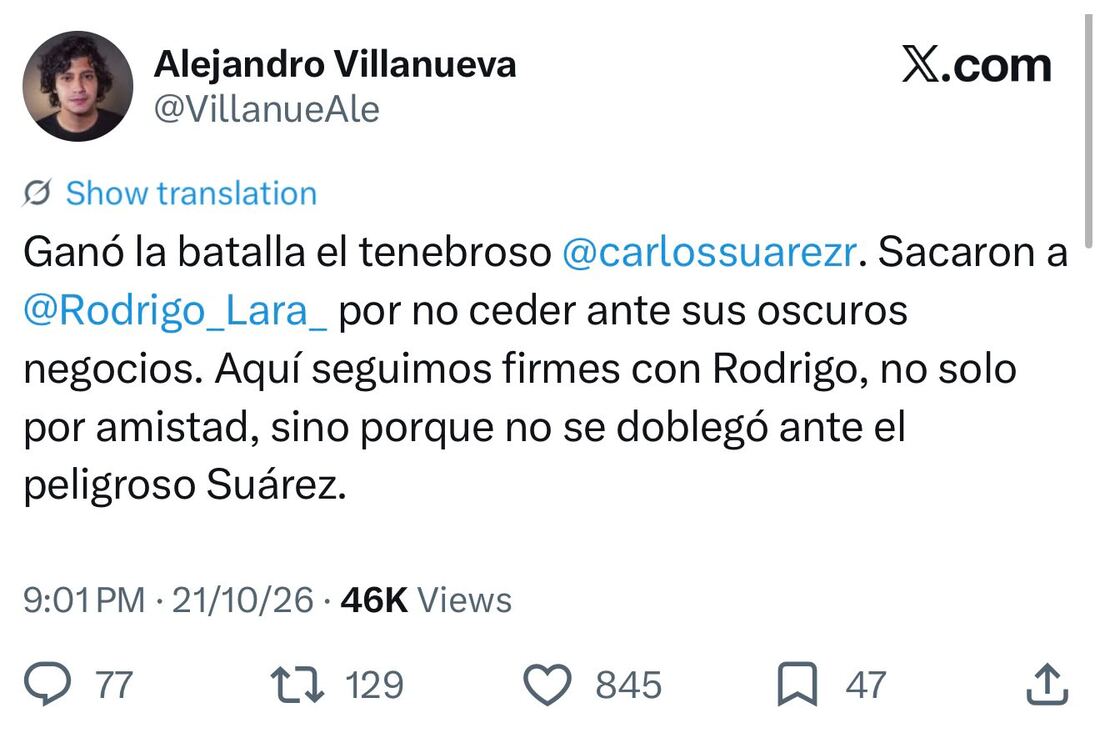 Contrato a socio de Villanueva abre preguntas sobre la salida de Rodrigo Lara 4 Captura del trino de Alejandro Villanueva del 21 de octubre de 2026 sobre la salida de Rodrigo Lara.