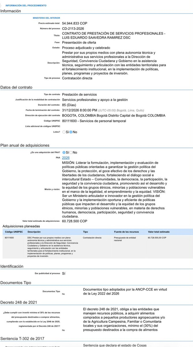 Contrato a socio de Villanueva abre preguntas sobre la salida de Rodrigo Lara 2 Ficha del proceso CD-2113-2026 del Ministerio del Interior, con contrato de servicios por $54.944.833.