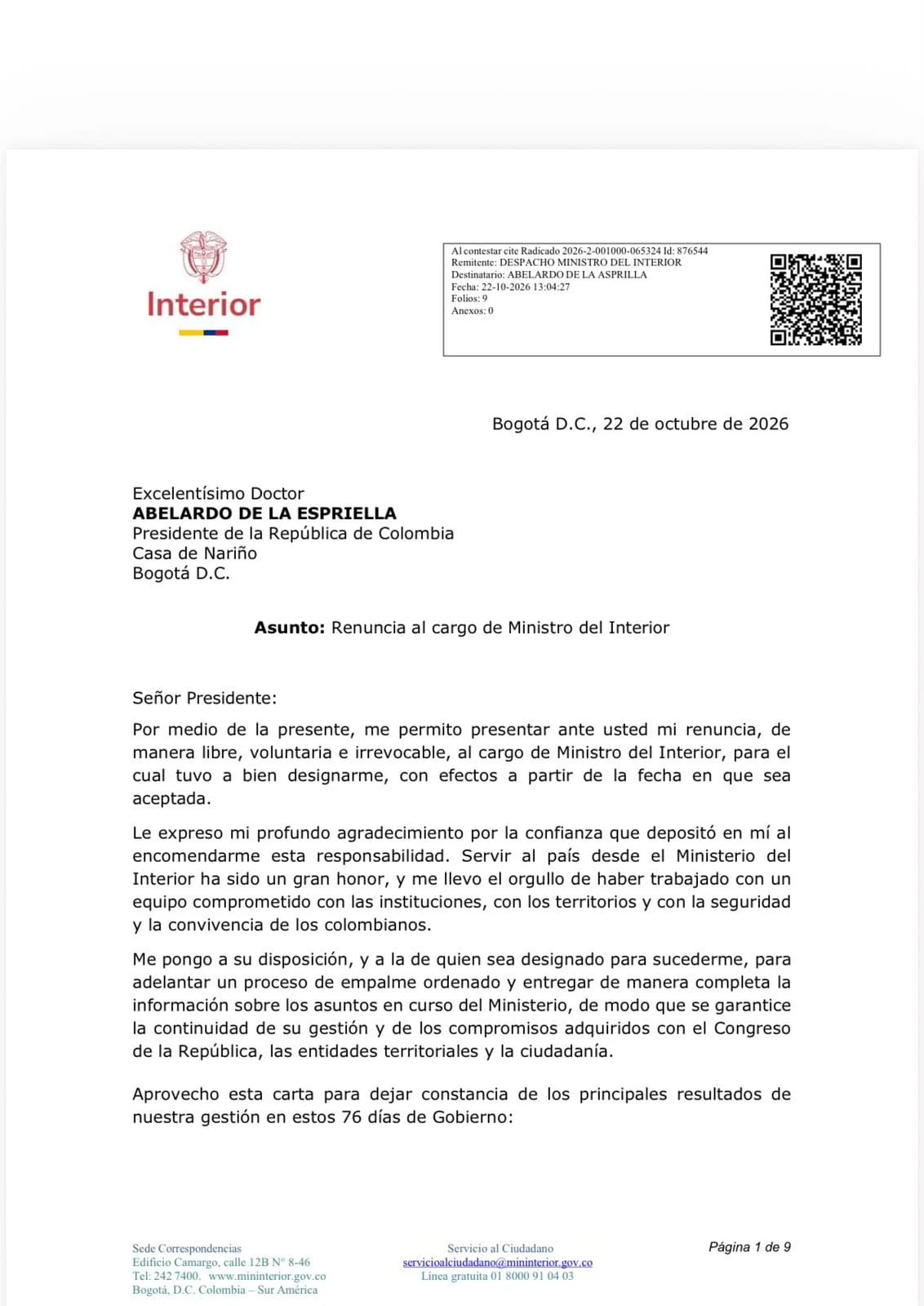 «Sé que usted ama profundamente a Colombia»: De la Espriella respondió a la renuncia de Rodrigo Lara 2 Carta de renuncia de Rodrigo Lara al Ministerio del Interior - página 1