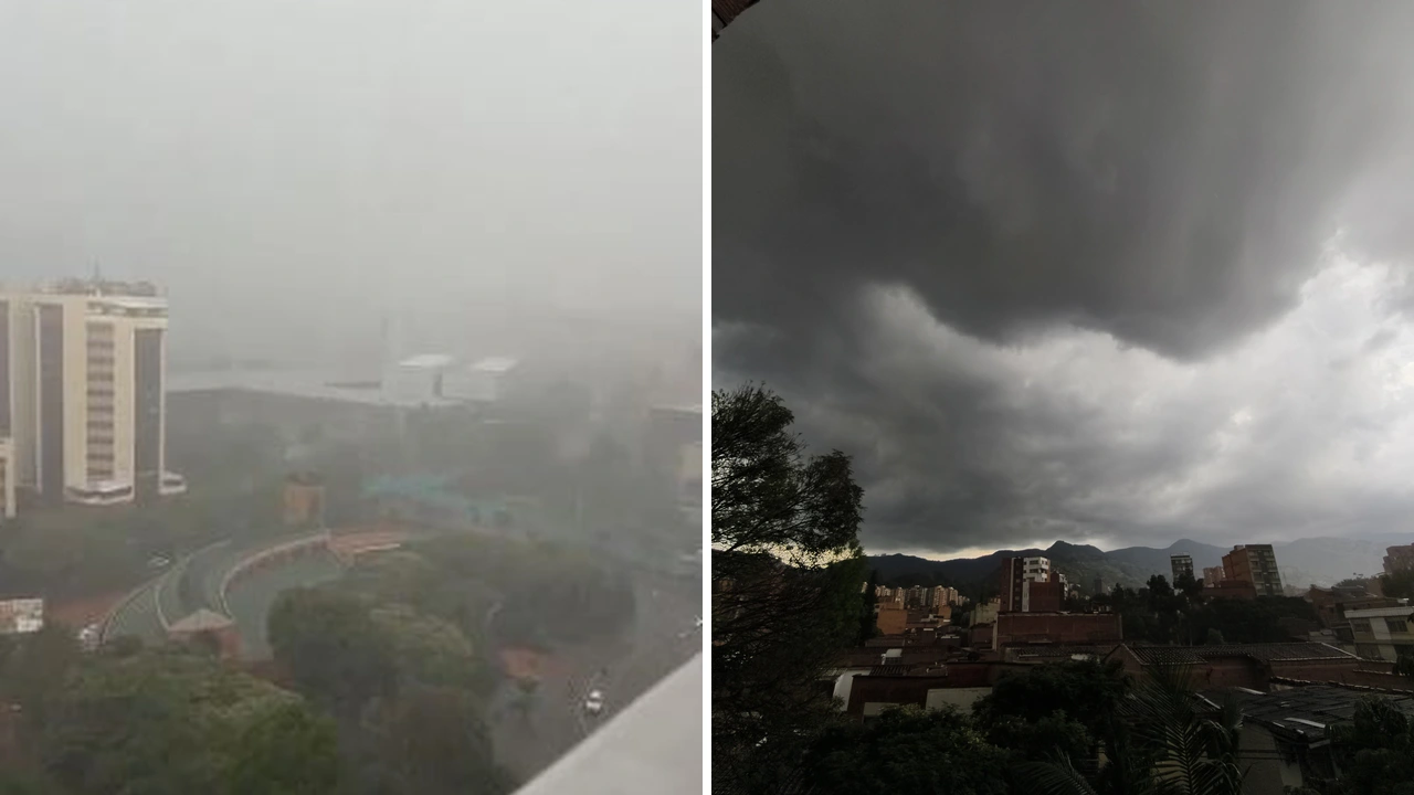 Collage de ciudad bajo la lluvia y nubes oscuras sobre edificios