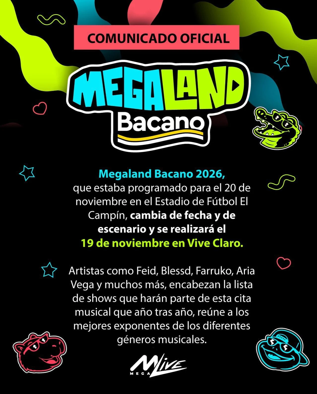 ¡Atención! Megaland Bacano 2026 cambia de fecha y de lugar: así puede pedir la devolución de su boleta 2 Comunicado oficial de Megaland Bacano 2026, página 1