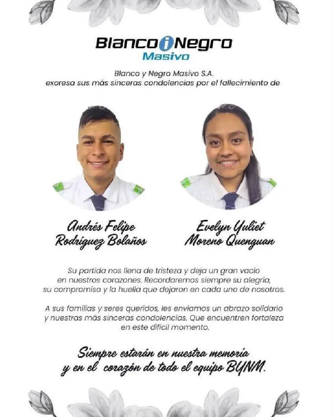 Luto en el MIO: mueren en accidente de moto en Cali dos operarios de Blanco y Negro Masivo 2 Tarjeta de condolencias de Blanco y Negro Masivo por la muerte de Andrés Felipe Rodríguez Bolaños y Evelyn Yuliet Moreno Quenguan