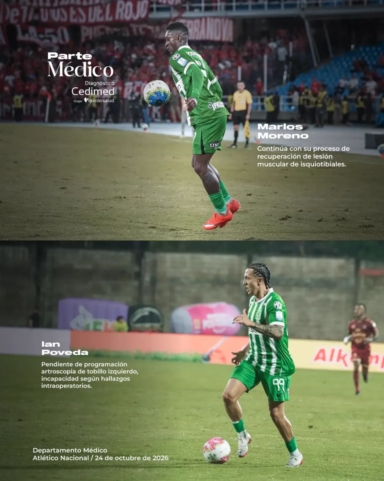 Parte médico de Nacional antes del clásico: Poveda espera cirugía y Marlos Moreno sigue por fuera 2 Parte médico de Atlético Nacional del 24 de octubre de 2026