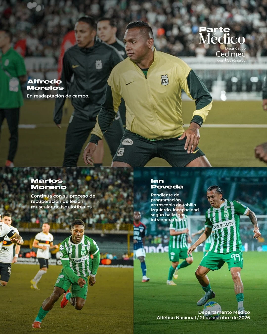 Parte médico de Atlético Nacional antes del Pasto: Morelos alista su regreso y Poveda será operado 2 Parte médico oficial de Atlético Nacional del 21 de octubre de 2026