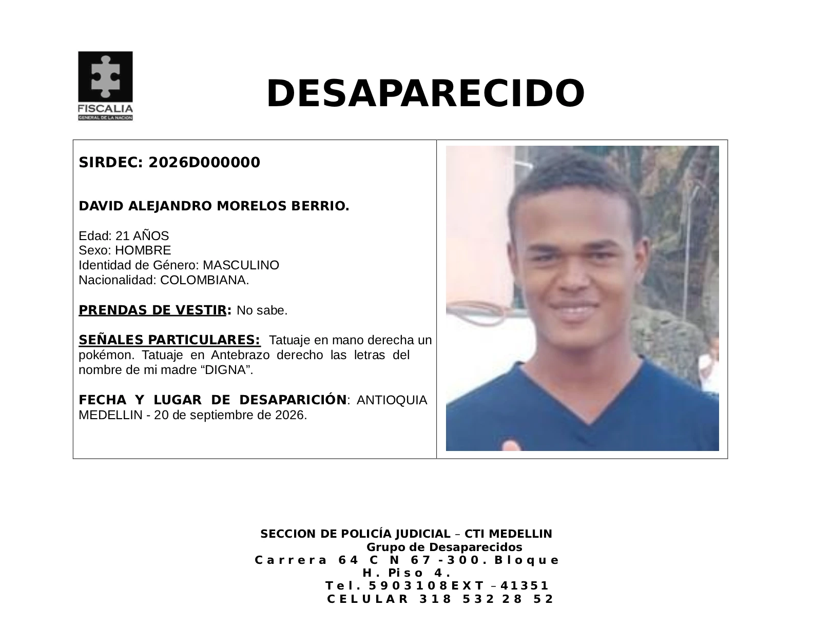 David Alejandro Morelos desapareció en Medellín 2 3 BOLETIN DAVID ALEJANDRO MORELOS BERRIO