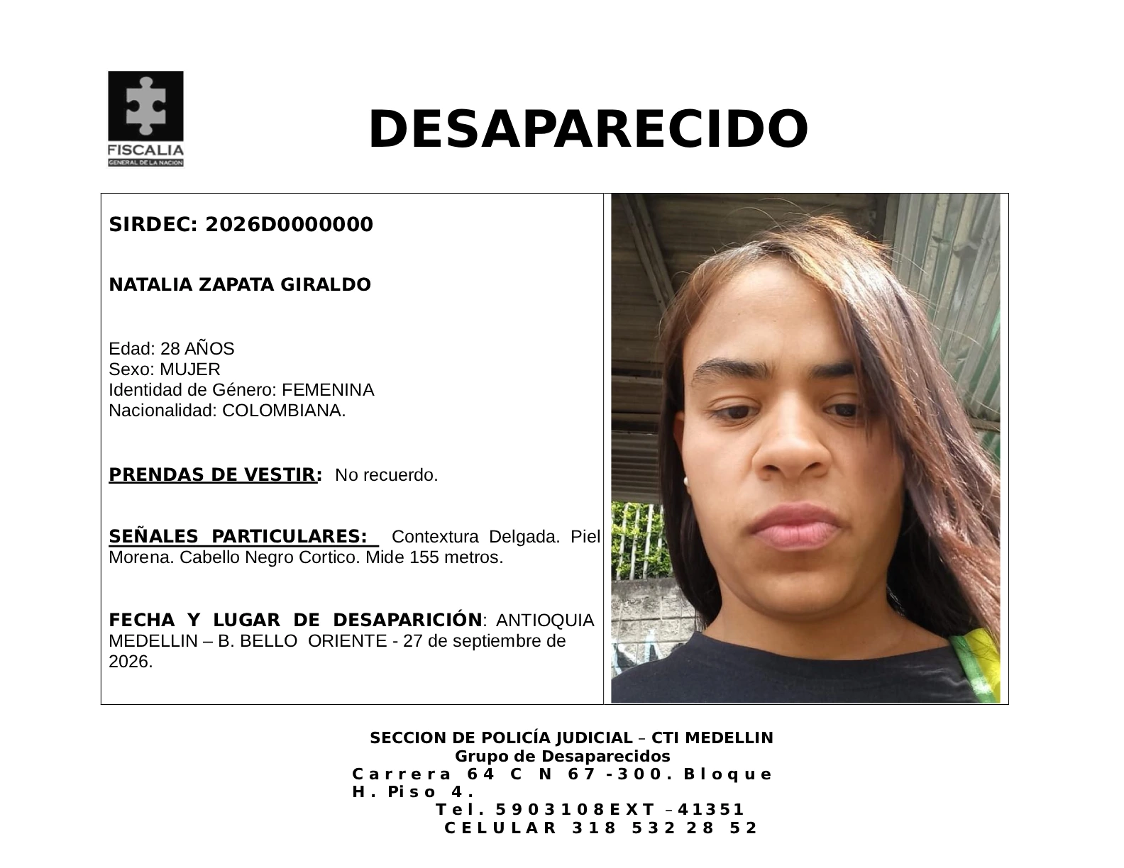 Natalia Zapata desapareció en Medellín 2 3 BOLETIN NATALIA ZAPATA GIRALDO