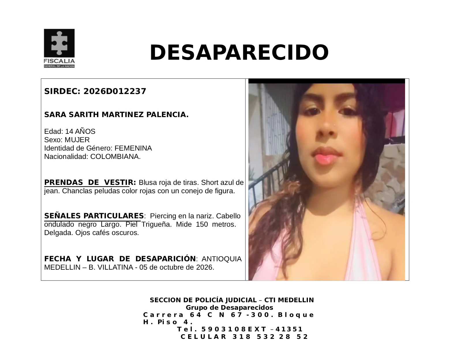 La menor Sara Sarith Martínez desapareció en Medellín 2 3 BOLETIN SARA SARITH MARTINEZ PALENCIA