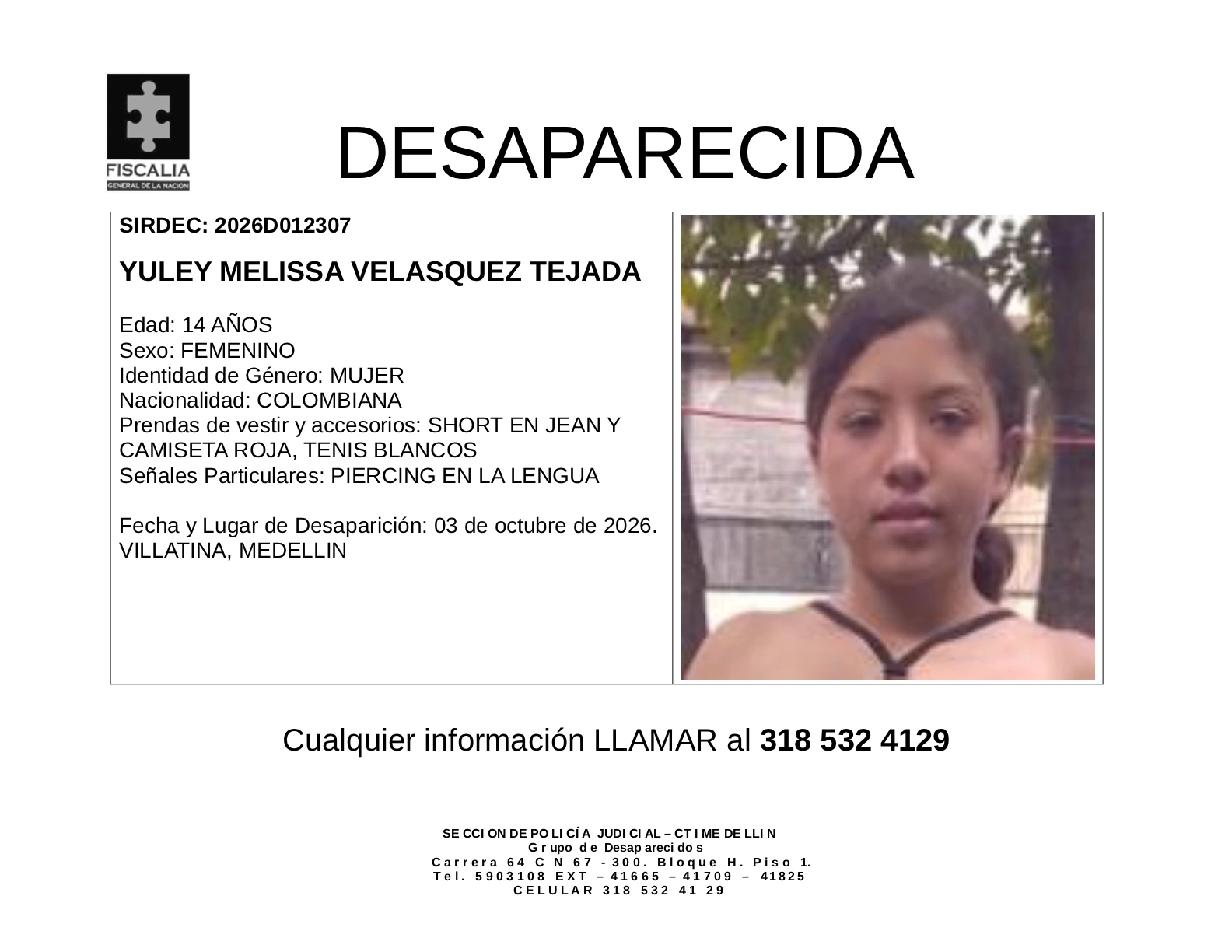 La menor Yuley Melissa Velásquez desapareció en Medellín