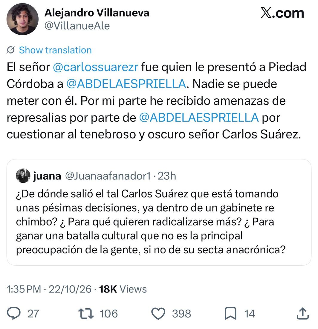 Contrato a socio de Villanueva abre preguntas sobre la salida de Rodrigo Lara 5 Captura de un trino de Alejandro Villanueva sobre Carlos Suárez, Piedad Córdoba y Abelardo de la Espriella.